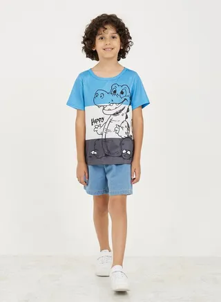 Dinosaur Print Colorblock T-shirt & Denim Short Set 
