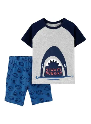 2-Piece Shark Printed Tee And Shorts Set Multicolour 