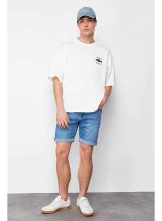 Blue Men's Slim Fit Rake Destroyed Denim Shorts 