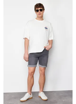 Gray Men's Slim Fit Rake Destroyed Shorts & Bermuda 