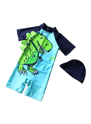 2-Piece Kids Dinosaur Print Swimwear Set Blue/Green 