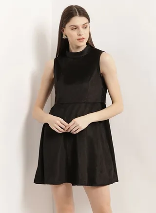 Sleeveless Synthetic Skater Dress Black 