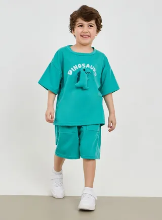 Dinosaur Applique Drop Shoulder T-Shirt & Shorts Set 