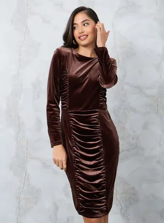 Gathered Front Long Sleeve Knee Length Dress 