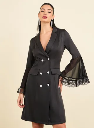 Satin Lace Trim Bell Sleeves Blazer Mini Dress 