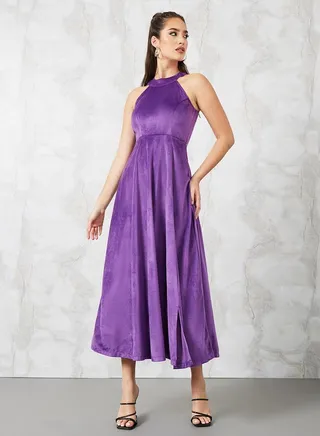 Velvet Halter Neck A-Line Maxi Dress
