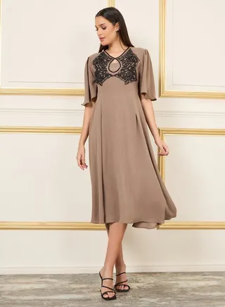 Embroidered Keyhole Neck A-Line Midi Dress 