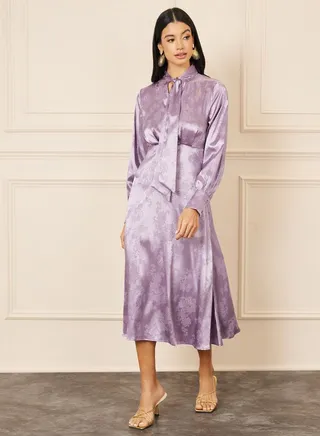 Satin Jacquard Print Tie Up Neck A-Line Midi Dress 