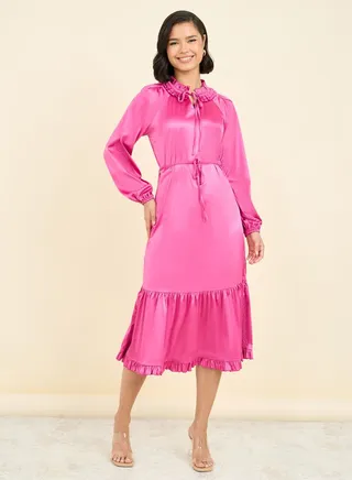 Satin Ruffled Detail Tie Up Neck A-Line Midi Dress 