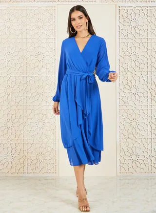 Solid Asymmetric Hem Self Tie A-Line Midi Dress 