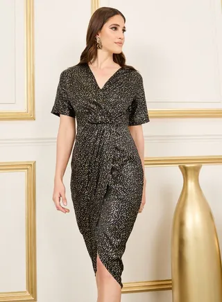 Shiny Spot Wrap Style Bodycon Midi Dress 