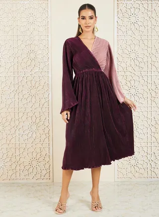 Plisse Colorblock A-Line Midi Dress 