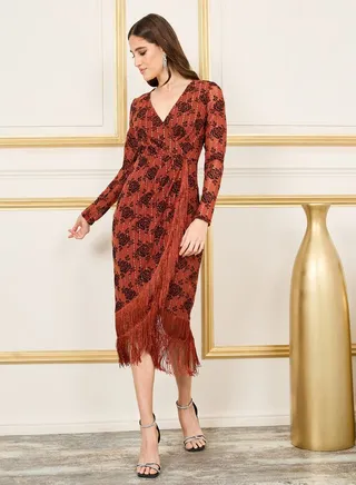 Floral Jacquard Tassel Asymmetric Hem Midi Dress 
