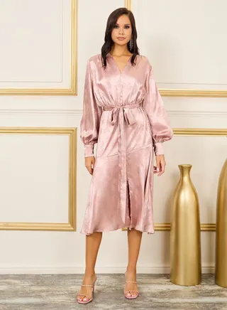 Satin Jacquard Print Self Tie Up A-Line Midi Dress 