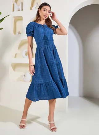 Textured Print Tie Up Neck Tiered Midi Dress 