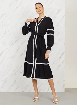 Lace Embroidered Self Tie Up Shirt Midi Dress 
