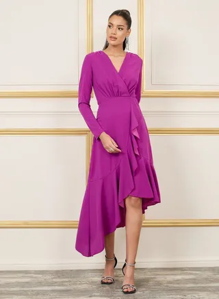 Ruffle Asymmetric Hem A-Line Midi Dress 
