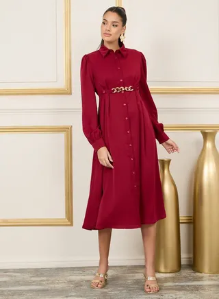 Chain Accent Detachable Detail Pleat Shirt Midi Dress 