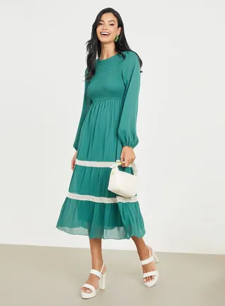 Smocked Lace Detail Tiered Midi Dress 