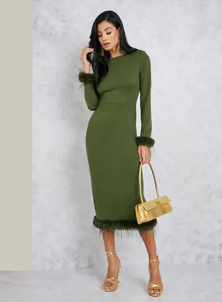 Faux Feathered Hem Sheath Midi Dress 