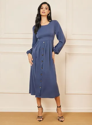 Button Detail A-Line Midi Dress 