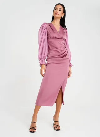 Puff Sleeve Wrap Front Sheath Midi Dress 