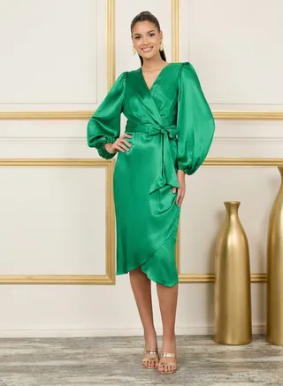 Volume Sleeve Satin Wrap Midi Dress 