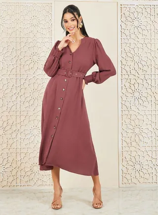 Smocked Cuff Sleeves Woven Belted Shirt Midi Dress 