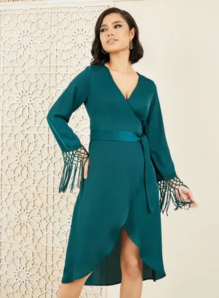 Tassel Trim Sleeves Asymmetric Hem Wrap Midi Dress 