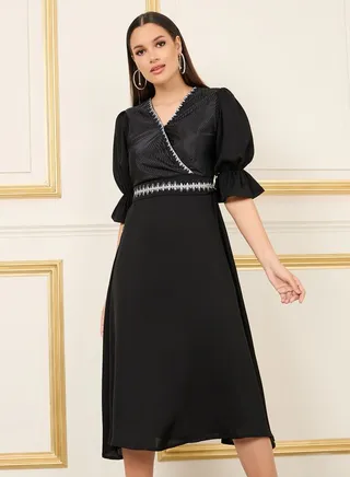 Beaded Detail Striped A-Line Midi Dress 