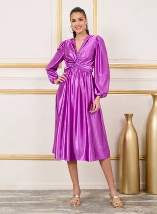 Satin Front Twist Detail A-Line Midi Dress 