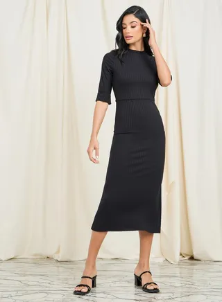 Ribbed Roll Up Sleeves Shift Midi Dress 