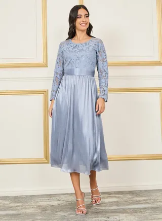 Lace Detail Satin Plisse A-Line Midi Dress 