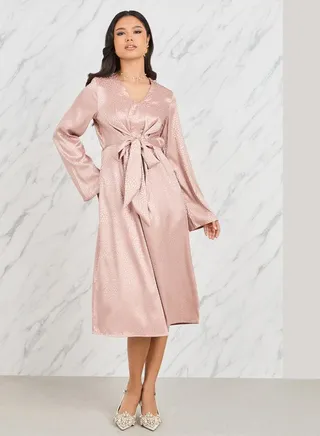 Satin Jacquard Print Front Tie Up A-Line Midi Dress 
