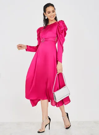 Puff Sleeve Buckle Detail A-Line Midi Dress 