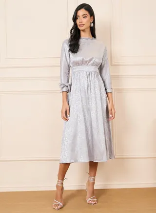 Jacquard Print Tie Up Sleeves A-Line Midi Dress 