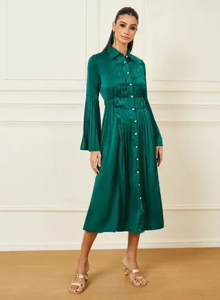 Satin Pleated Detail Shirt Midi Dress 