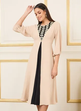 Embroidered Colorblock A-Line Midi Dress 