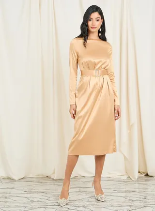 Satin Embellished Buckle Belted Shift Midi Dress 