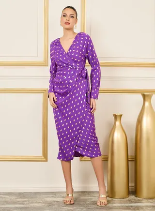 Foil Print Wrap Midi Dress 