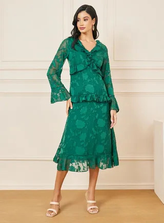 Floral Textured Ruffle Detail Shift Midi Dress 