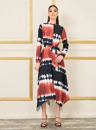 Tie and Dye Print Handkerchief Hem Shirt Midi Dress 