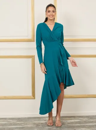 Ruffle Asymmetric Hem A-Line Midi Dress 