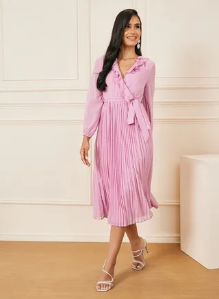 Accordion Pleat Ruffle Trim Wrap Midi Dress 