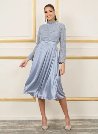 Lace Detail Satin Pleated Hem A-Line Midi Dress 
