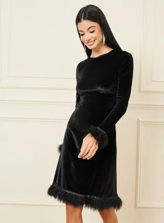 Velvet Faux Fur Trim Shift Knee Length Dress 