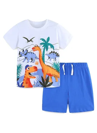 Cartoon Dinosaur Printed Short Sleeve and Shorts Two Piece set, Boy T-Shirt Set 
