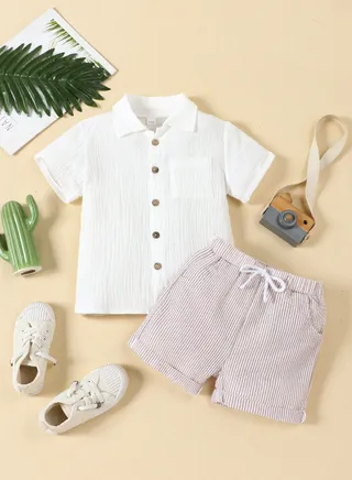 2pcs Boys Casual Solid Color Short Sleeve Shirt & Shorts Set, Comfy Summer Boys Clothing 