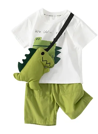 green Toddler Boy Shorts Set kids Summer Short Sleeve Sets Suit with Dinosaur bag 