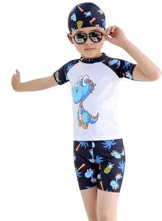 3-Piece Kid's Cartoon Dinosaur Pattern Swimsuit Set White Triceratops 